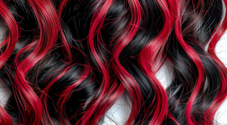 Red and black wavy hair strands, showcasing a vibrant highlight pattern.