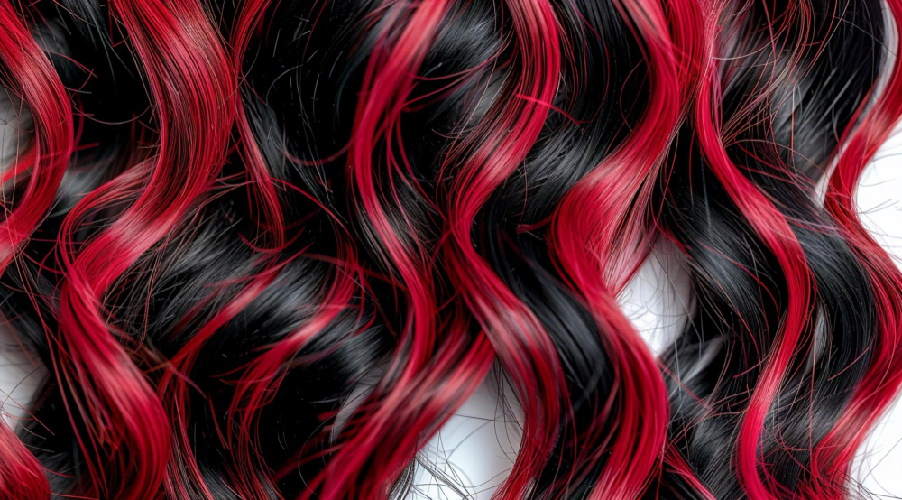 Red and black wavy hair strands, showcasing a vibrant highlight pattern.